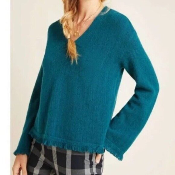 Anthropologie Wool Alpaca V-Neck Sweater Green Fringe Long Sleeve M - Picture 1 of 10